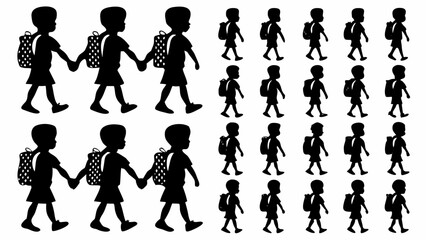Fototapeta premium Silhouette illustration of children with backpacks walking and holding hands in a repeating pattern design