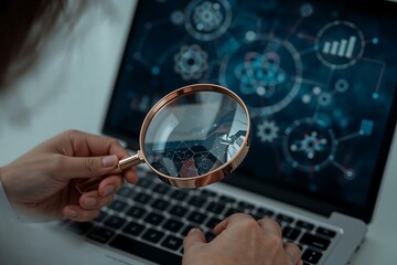 Close-up of a person using a magnifying glass to examine a digital interface on a laptop screen displaying scientific data and connections