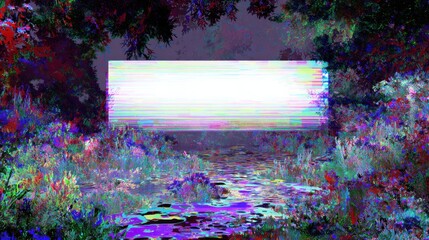 Floating Billboard With Glitch Effects in a Metaverse Environment Surrounded by Vibrant Flora and a Reflective Water Surface