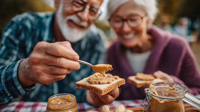 A smiling senior couple spreading peanut butter on crackers during a picnic with a packed peanut butter and jelly sandwich in a school lunchbox - Powered by Adobe