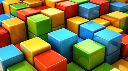 Colorful, glossy cubes densely packed together in various heights and positions.  Vibrant, geometric pattern