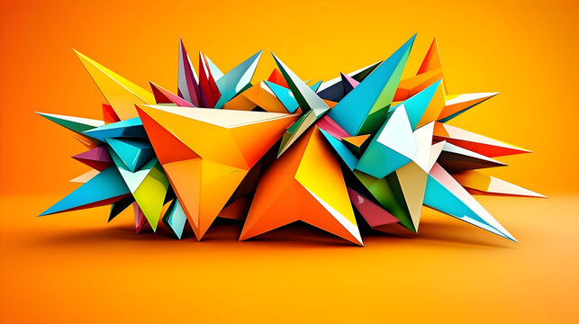 Vibrant, abstract 3D shapes cluster on an orange background.  Colorful geometric forms in various shades of orange, blue, pink, and yellow, combined to create a dynamic, explosive composition
