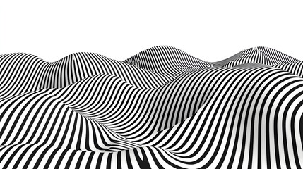 Abstract black and white striped hills.  A dynamic  3D landscape composed of undulating striped forms.  The pattern creates visual movement and depth