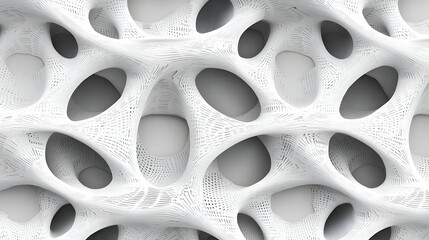Abstract white architectural structure with organic, flowing forms, and intricate patterns of holes and cavities