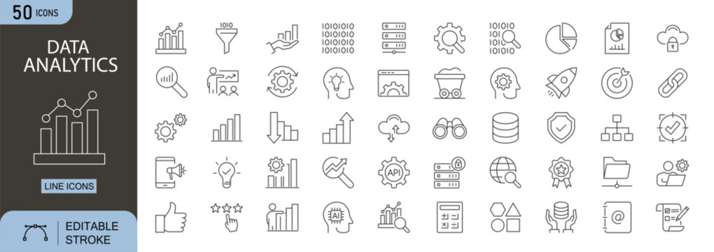 Data Analytics icons set. Includes icons for charts, graphs, data points, reports, dashboard, pie chart, statistics, trend line, magnifying glass, and algorithm. Perfect for infographics.
