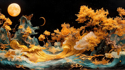 Golden trees and waves, a fantastical nocturnal landscape, with a full moon and crescent moon.  Intricate sculpted details, rendered in gold, turquoise, and ivory