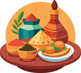 Sahara-style food platter with couscous, tagine, and bread icon