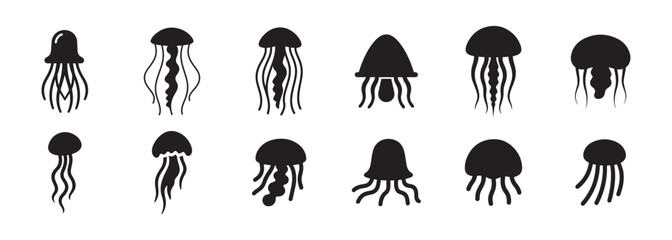 Jellyfish Silhouette Set, A playful collection of  black vector icons showcasing diverse jellyfish shapes with varying tentacle styles