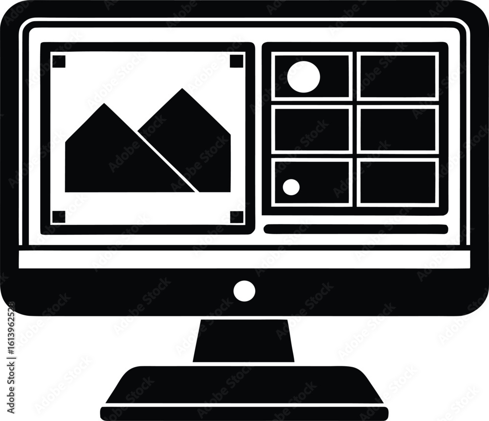 Poster computer monitor displaying graphic design software silhouette isolated on transparent background