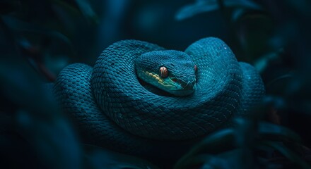 Fototapeta premium A coiled blue viper with striking yellow eyes rests on a mosscovered branch in the dark, mysterious jungle