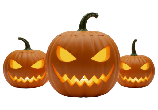 Three Glowing Jack-O'-Lanterns: Festive Halloween Display in a Row - Powered by Adobe