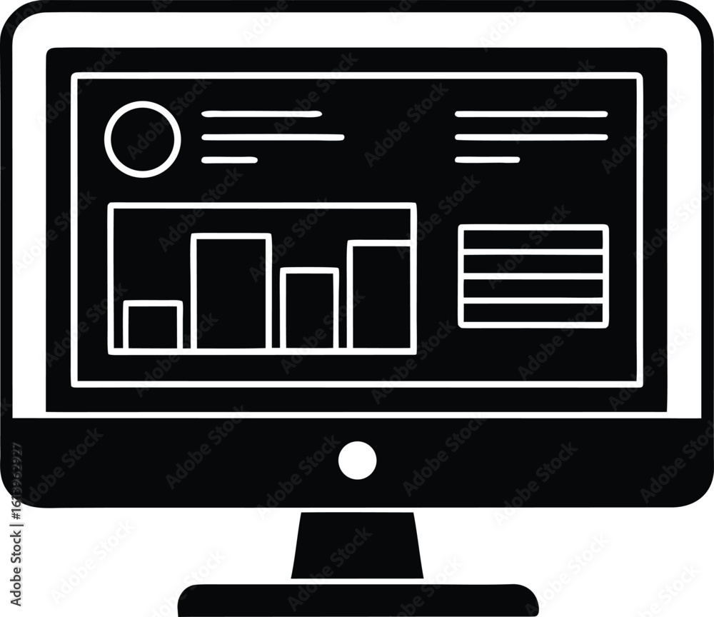 Poster computer monitor displaying a business analytics dashboard silhouette isolated on transparent backgr