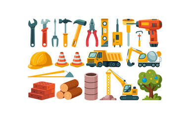 Construction tools for home repairs. Mechanic tools cartoon doodle set isolated on white background. Hammer, drill, screwdriver, hacksaw, chisel, light bulb. Vector illustration