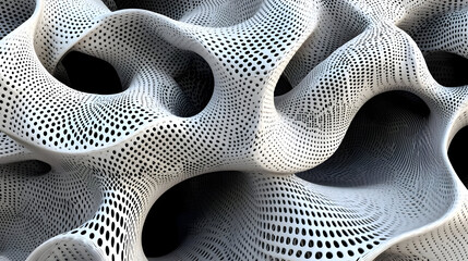 Abstract, organic, and textured white and dark gray structure, resembling a complex network or lattice.  Detailing intricate, flowing forms and perforations