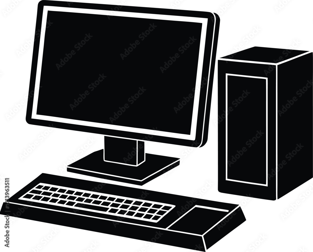 Poster desktop computer with monitor keyboard and tower silhouette isolated on transparent background