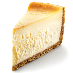 A slice of creamy cheesecake with a golden-brown crust and smooth texture.