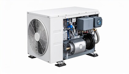 An industrial air conditioning or refrigeration unit partially opened to reveal its internal mechanical components—highlighting fan assembly, electrical wiring, and piping systems. The raw, utilitaria