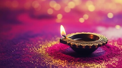 A glowing diya lamp illuminates a colorful surface, symbolizing the diwali celebration