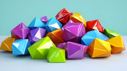 Colorful geometric shapes in a pile.  A vibrant collection of multifaceted, glossy,  polygonal objects in various hues
