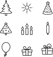 Fototapeta premium Holiday celebration icon set—Christmas trees, candles, gifts, party symbols in black silhouette grid