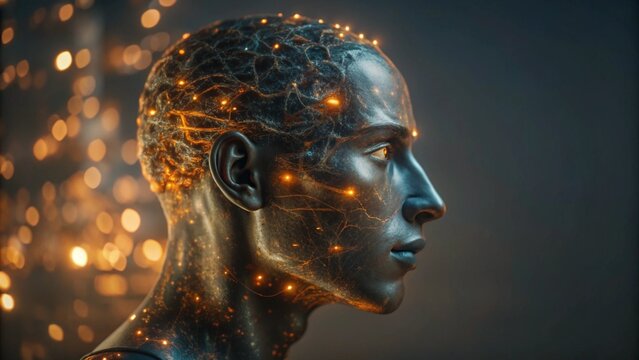 Glowing Digital Human Head Profile in Orange and Blue