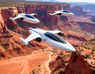 Futuristic aircraft over desert canyon