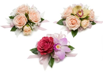 Three elegant floral boutonnieres with roses and orchids