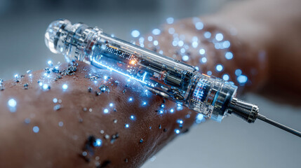 Future syringe injects glowing data into arm. Medical concept of digital health and nanotechnology. High-tech sci-fi treatment.