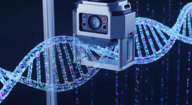 Futuristic scientific device meticulously analyzes a glowing digital DNA structure amidst a dynamic data flow.