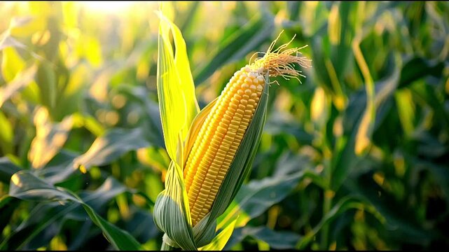 Golden kernels clinging to a ripe corn ear, thriving amidst rows of organically grown corn plants.