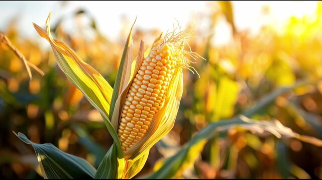A fully matured golden corn ear with intact kernels, flourishing in a natural, organic field.