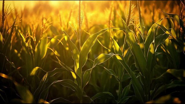 Gently swaying corn stalks in a sunlit field during golden hour, shown in slow motion.