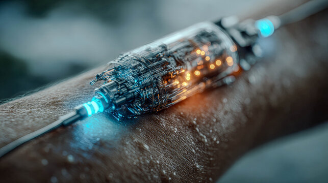 Futuristic syringe delivering liquid into a human arm. Digital health innovation and medical technology concept.