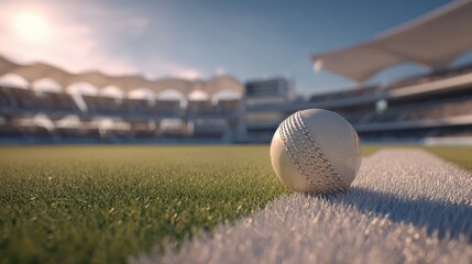Cricket ball on stadium grass under bright sky white