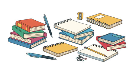 Collection of books and stationery items for education and learning