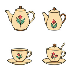 Hand Drawn Tea Set Illustration with Teapots Cup and Sugar Bowl