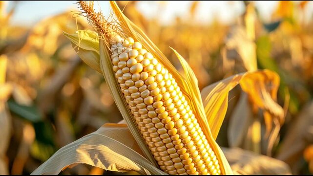 A fully matured golden corn ear with intact kernels, flourishing in a natural, organic field.