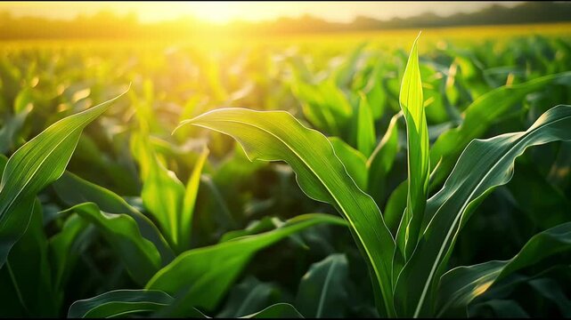 Slow-motion footage of a cornfield glowing under the warm hues of golden hour.