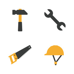 Construction Tools and Safety Gear Icon Set on White Background