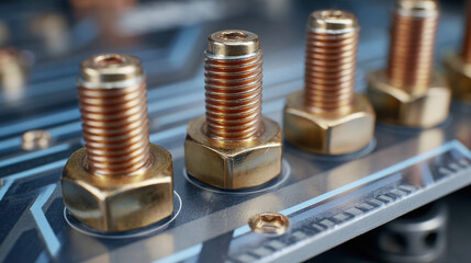 Intricate Mechanical Engineering: Close-Up of Metal Bolts and Threaded Nuts in Modern Machinery