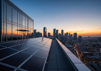 Solar Panels on City Building Rooftop at Sunset
