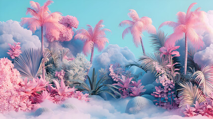 Pastel pink and blue tropical cloud forest. Lush vegetation, palm trees, and fluffy clouds in a dreamy, surreal landscape