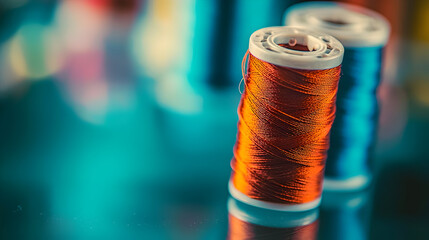 Close-up of two spools of thread, one orange-red and one blue, resting on a reflective surface.  Blurred colorful background