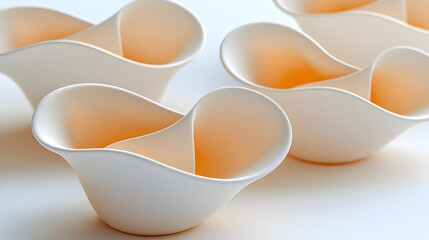 Abstract ceramic bowls, soft curves, creamy white and orange tones, flowing shapes, close-up