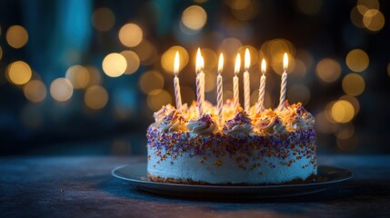 Festive cake with lit candles and colorful sprinkles birthday celebration