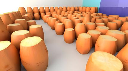 Many terracotta-colored, rounded, cylindrical objects, arranged in a grid pattern on a light-colored floor