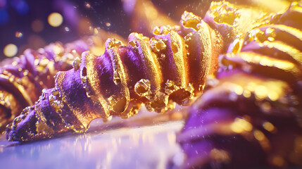 Golden, swirling, textured forms in purple and gold.  Abstract,  3D render,  glowing,  dynamic,  modern design
