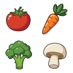 Cartoon Vegetables Tomato Carrot Broccoli and Mushroom on a White Background