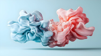 Soft, flowing, abstract forms in light blue and peachy-pink hues, creating a sense of fluidity and movement against a light blue backdrop