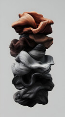 Abstract sculpture of layered, fluid forms in varying shades of brown, grey, and black.  A vertically stacked composition of sculpted, draped shapes